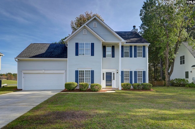 colonial house featuring a front yard and a garage