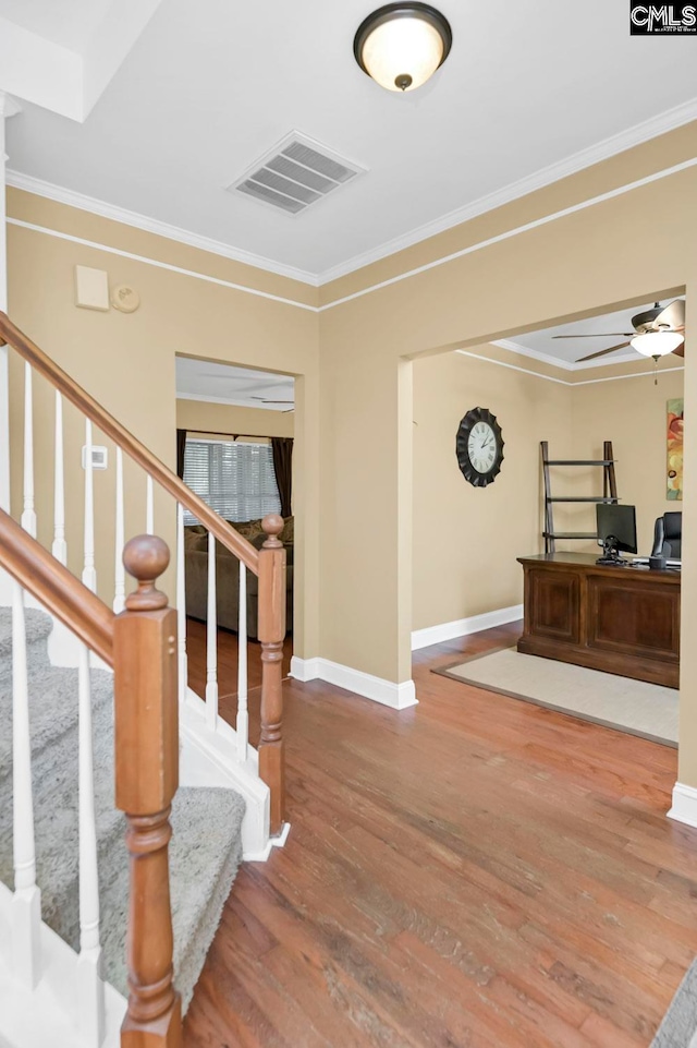 foyer entrance featuring ceiling fan, wood-type flooring, and crown molding