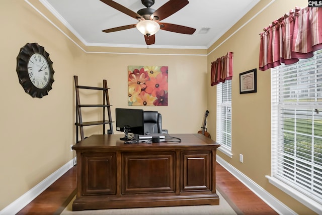 home office featuring crown molding, ceiling fan, and hardwood / wood-style flooring