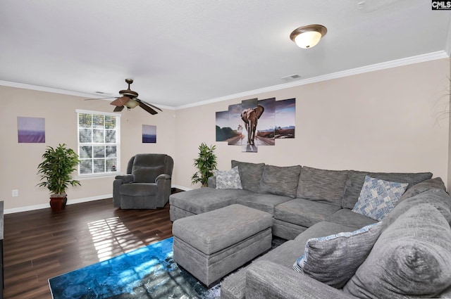 living room with ceiling fan, ornamental molding, and dark wood-type flooring