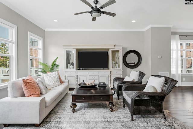 living room featuring ceiling fan, wood-type flooring, and ornamental molding