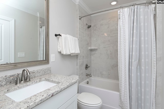 full bathroom featuring shower / bath combo with shower curtain, vanity, toilet, and crown molding