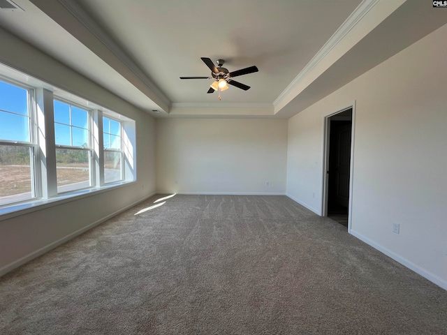 carpeted spare room with a raised ceiling, ceiling fan, and ornamental molding