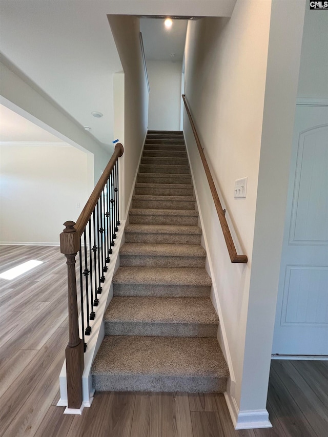 stairs featuring wood-type flooring