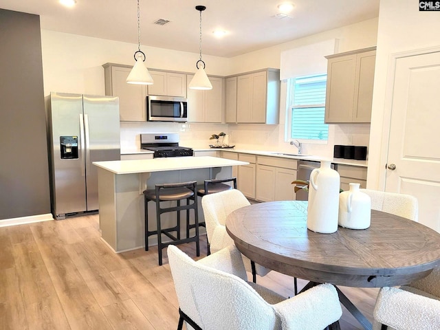 kitchen featuring pendant lighting, a center island, backsplash, light hardwood / wood-style floors, and stainless steel appliances