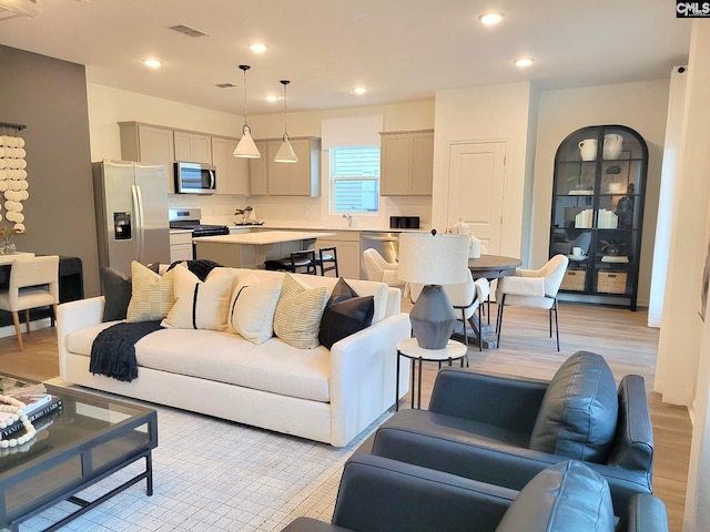 living room featuring light wood-type flooring and sink