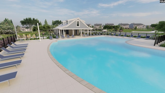 view of swimming pool with a gazebo and a patio area