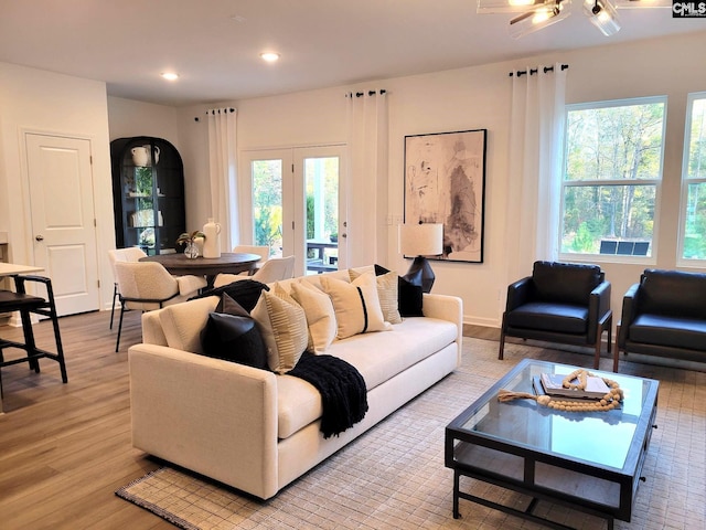 living room with a wealth of natural light and light hardwood / wood-style flooring