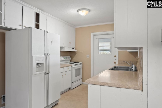 kitchen with crown molding, white cabinets, sink, and white appliances