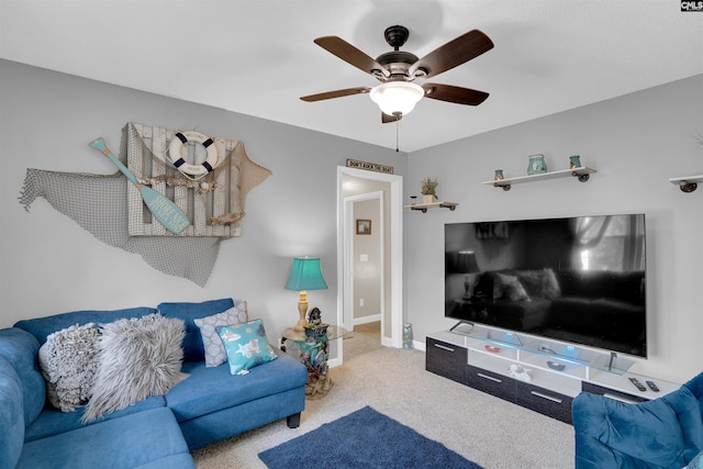 living room with light carpet and ceiling fan