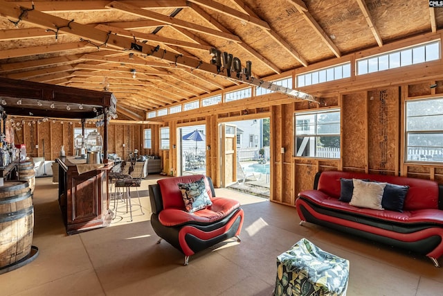 living room with high vaulted ceiling