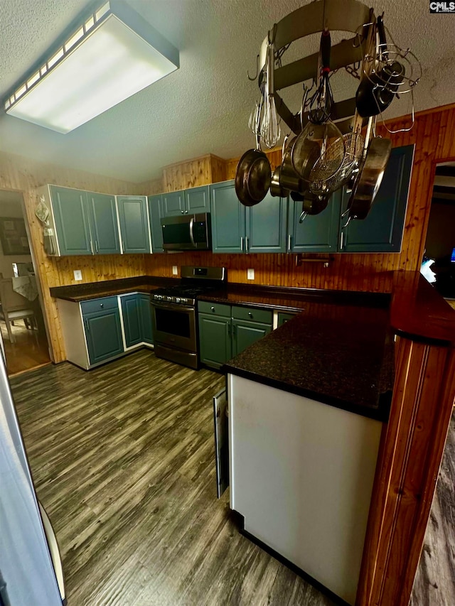 kitchen featuring wood walls, a textured ceiling, appliances with stainless steel finishes, and dark wood-type flooring