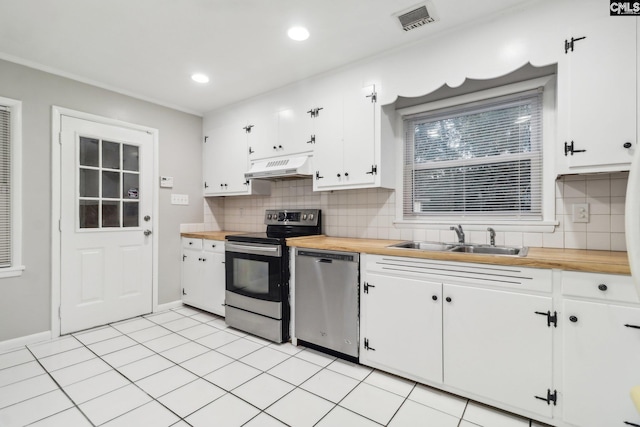 kitchen with wood counters, white cabinets, sink, decorative backsplash, and appliances with stainless steel finishes