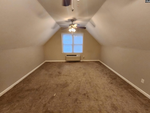 bonus room featuring a wall mounted AC, carpet, ceiling fan, and lofted ceiling