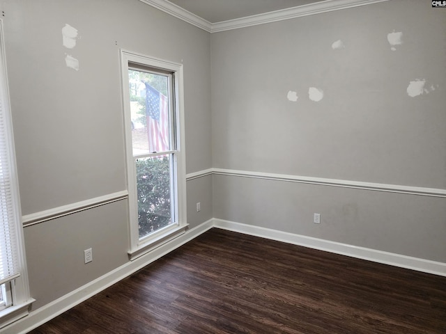 empty room featuring crown molding and dark wood-type flooring