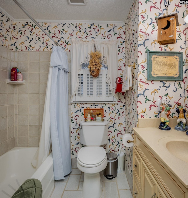 full bathroom featuring tile patterned flooring, a textured ceiling, toilet, and shower / bathtub combination with curtain