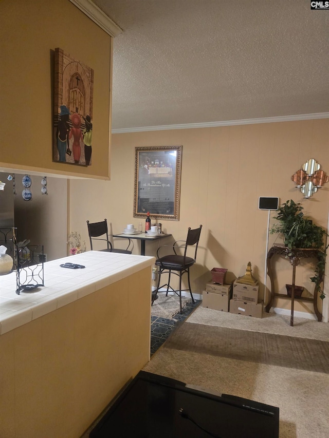 interior space with carpet, a textured ceiling, and ornamental molding