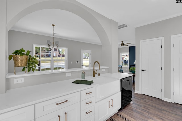 kitchen featuring hanging light fixtures, dark hardwood / wood-style flooring, ceiling fan with notable chandelier, and a wealth of natural light