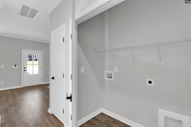 clothes washing area featuring hookup for an electric dryer, dark hardwood / wood-style floors, crown molding, and hookup for a washing machine