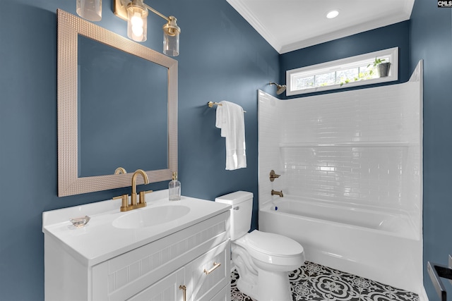 full bathroom featuring tile patterned floors, toilet, shower / tub combination, vanity, and ornamental molding