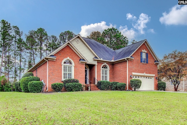 view of property featuring a garage and a front yard