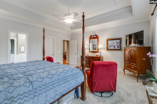 bedroom with crown molding, ceiling fan, a raised ceiling, and light carpet