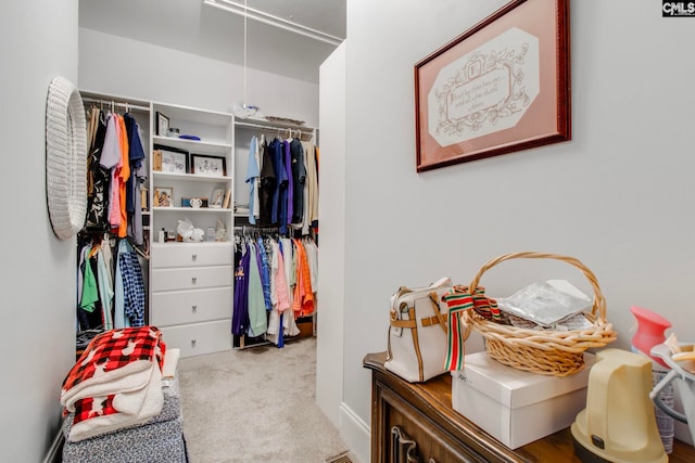 walk in closet with light carpet