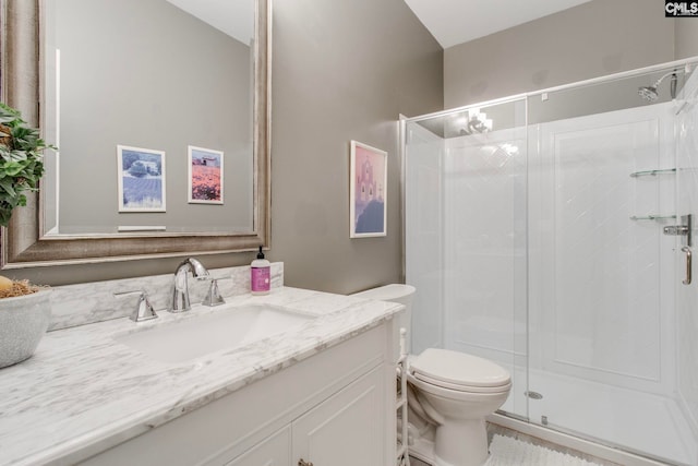 bathroom featuring vanity, an enclosed shower, and toilet