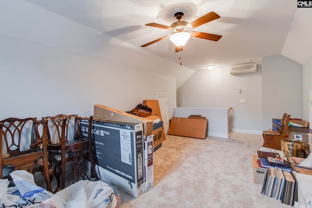 additional living space with ceiling fan, lofted ceiling, light carpet, and an AC wall unit