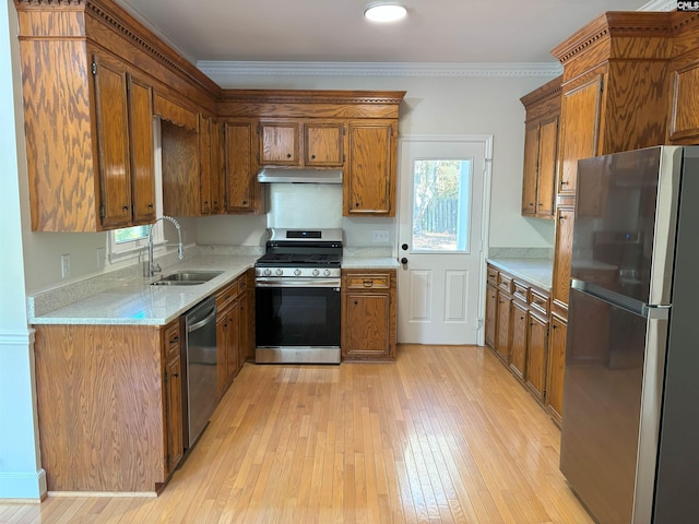 kitchen featuring sink, ornamental molding, stainless steel appliances, and light wood-type flooring