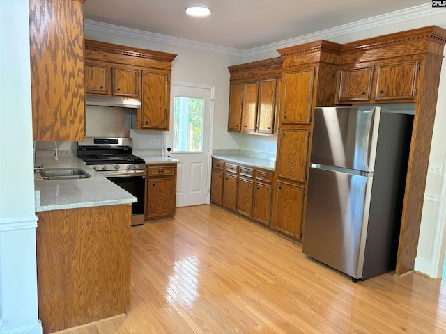 kitchen featuring light stone countertops, appliances with stainless steel finishes, crown molding, sink, and light hardwood / wood-style flooring