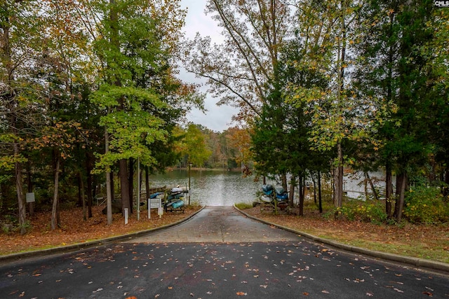 view of street with a water view