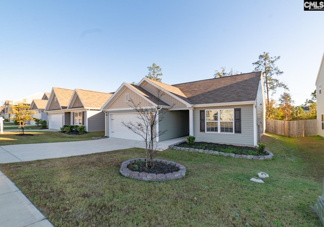 ranch-style home featuring a garage and a front lawn