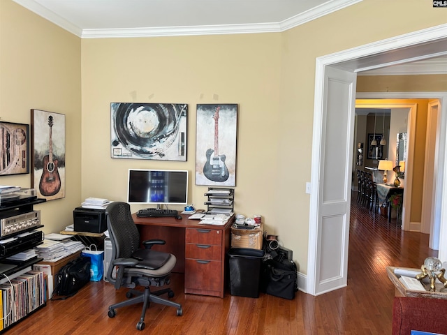 office area featuring crown molding and dark wood-type flooring