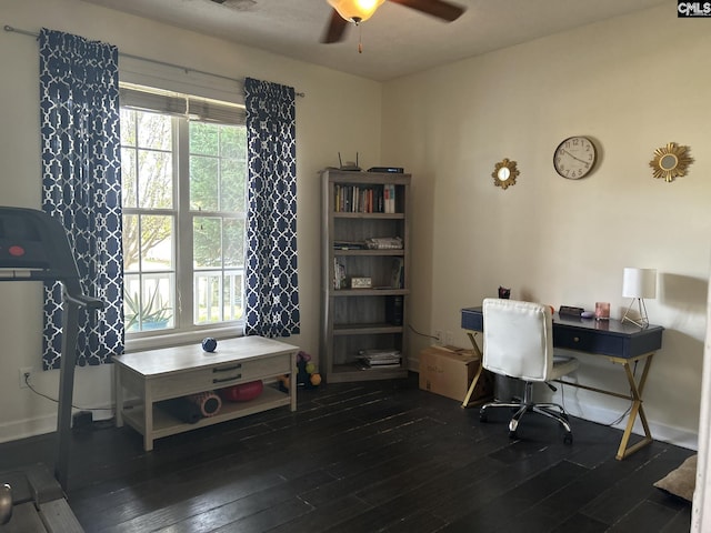 office space with a healthy amount of sunlight, ceiling fan, and dark wood-type flooring