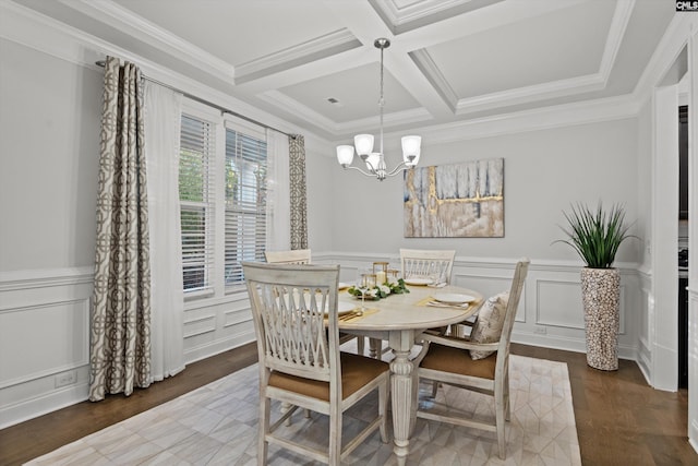 dining room featuring ornamental molding, dark wood-type flooring, and coffered ceiling