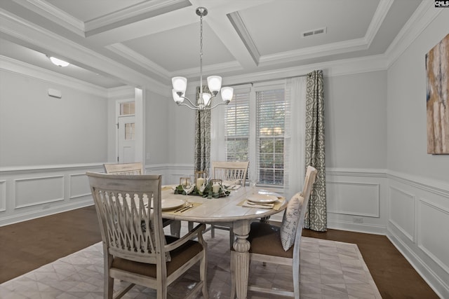 dining space with ornamental molding, coffered ceiling, dark wood-type flooring, beam ceiling, and an inviting chandelier