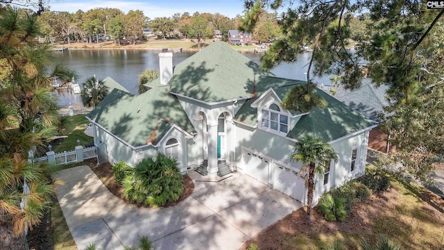 drone / aerial view featuring a water view