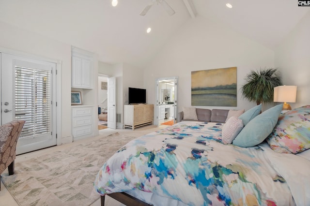 carpeted bedroom featuring ceiling fan, access to outside, ensuite bath, high vaulted ceiling, and beam ceiling