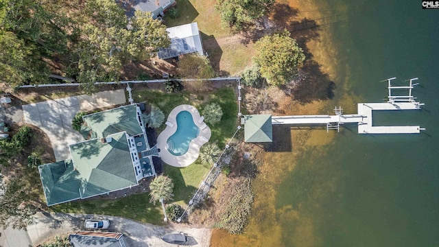 bird's eye view with a water view