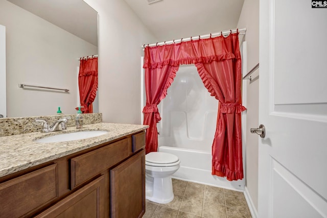 full bathroom featuring tile patterned flooring, vanity, toilet, and shower / bathtub combination with curtain