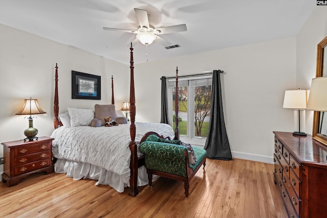 bedroom featuring ceiling fan and light wood-type flooring