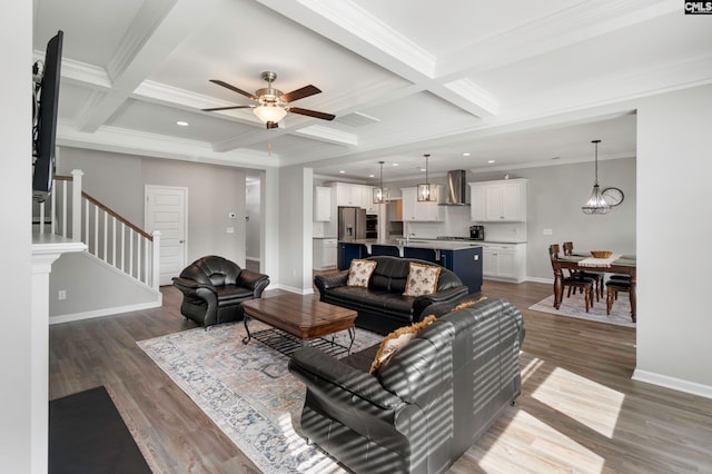 living room with dark hardwood / wood-style flooring, beamed ceiling, and coffered ceiling