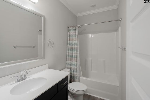 full bathroom featuring vanity, toilet, ornamental molding, shower / tub combo with curtain, and wood-type flooring