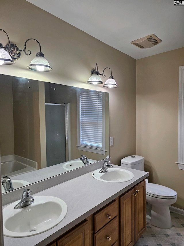 full bathroom featuring plus walk in shower, vanity, and toilet