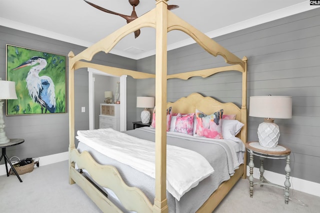 bedroom with ceiling fan and light colored carpet