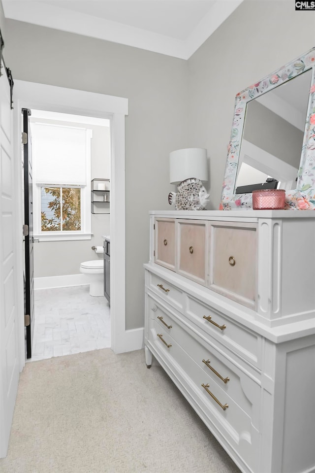 interior space featuring a barn door and light colored carpet