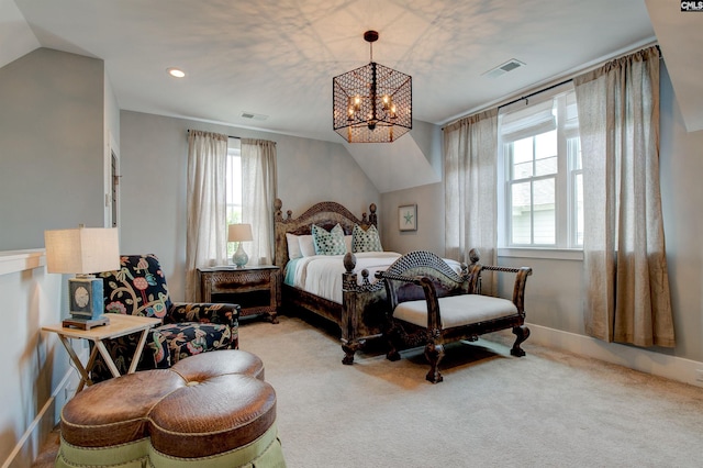 bedroom with carpet, vaulted ceiling, and an inviting chandelier