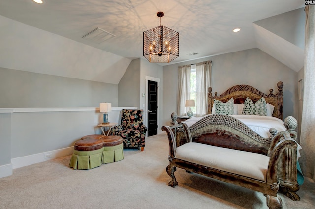 carpeted bedroom featuring a chandelier and lofted ceiling