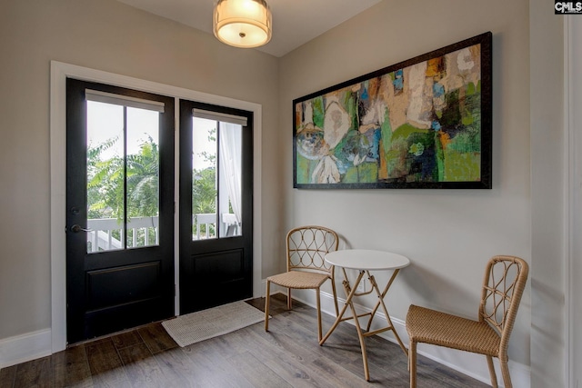 foyer entrance with wood-type flooring and french doors